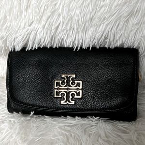 Tory Burch Britten Duo Envelope Continental Black Pebbled Leather Wallet